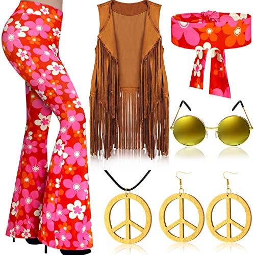 Haull 7-teiliges 60er-/70er-Jahre-Outfit für Damen, Hippie-Kostüm-Set, Boho-Schlaghose, Fransenweste, Friedenszeichen, Zubehör-Set (charmant, Größe XL) von Haull