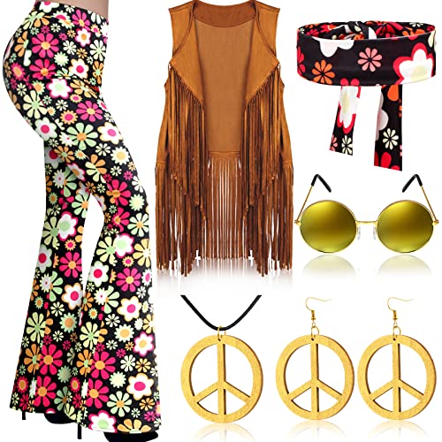 Haull Damen 7-teiliges Hippie-Kostüm-Set, 60er-70er-Jahre, Boho, Fransenweste, Friedenszeichen, Zubehör-Set, Mehrfarbig, L Haull Damen 7-teiliges Hippie-Kostüm-Set, 60er-70er-Jahre, Boho, Fransenweste, Friedenszeichen, Zubehör-Set, Mehrfarbig, L von Haull