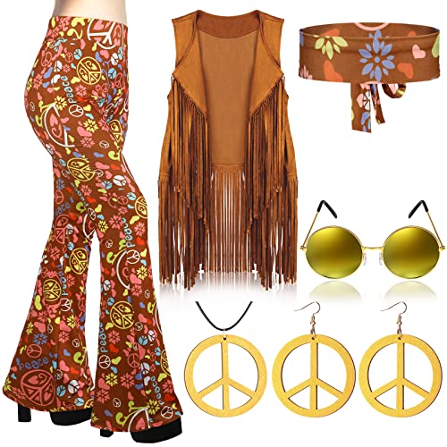 Haull 7-teiliges Hippie-Kostüm-Set für Damen, 60er- und 70er-Jahre-Kostüm-Set, Boho, ausgestellte Hose, Fransenweste, Friedenszeichen, Zubehör-Set, Mehrfarbig, XL Haull 7-teiliges Hippie-Kostüm-Set für Damen, 60er- und 70er-Jahre-Kostüm-Set, Boho, ausgestellte Hose, Fransenweste, Friedenszeichen, Zubehör-Set, Mehrfarbig, XL von Haull