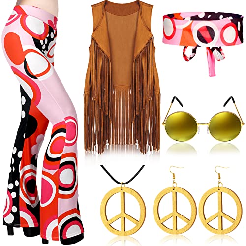 Haull Damen Hippie-Kostüm-Set, 60er- und 70er-Jahre, Boho, Ausgestellte Hose, Fransenweste, Friedenszeichen, Zubehör-Set, Mehrfarbig, XL Haull Damen Hippie-Kostüm-Set, 60er- und 70er-Jahre, Boho, Ausgestellte Hose, Fransenweste, Friedenszeichen, Zubehör-Set, Mehrfarbig, XL von Haull