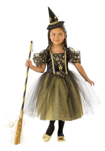 Rubies Hexenkostüm Sterne für Mädchen, goldenes und schwarzes Kleid mit Hut, offizielles Halloween, Karneval, Weihnachten und Geburtstag von Rubies