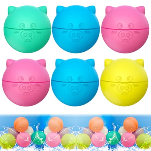 6/12/18 Stück Wasserbomben Wiederverwendbar | Wasserbälle Wiederverwendbar | Reusable Water Balloons | Silikon Mehrweg Wasserbomben | Pool Strand Spielzeug Draußen | Wasserbombe (Schwein, 6 Pcs) von Hausio