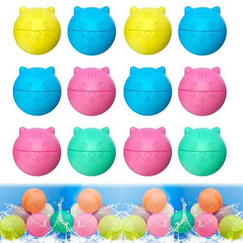 6/12/18 Stück Wasserbomben Wiederverwendbar | Wasserbälle Wiederverwendbar | Reusable Water Balloons | Silikon Wasserballons Bunte | Pool Strand Spielzeug Draußen | Wasserbombe (Katze, 12 Stück) von Hausio
