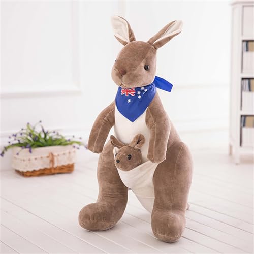 Hava Kolari Känguru mit Baby Plüschtier Plüschtiere, Süßes Kuscheltier Mutter und Kind Känguru Stofftier Schmusetier Geschenk Gefüllt für Jungen und Mädchen (Braun mit Blauer Schal,32cm) von Hava Kolari