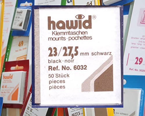hawid Letzte Original Zuschnitte, 50 Stück, glasklar oder schwarz, 58 Verschiedene Größen in den gebräuchlichen Briefmarkenformaten zur Auswahl (23 x 27,5 mm*, schwarz) von hawid