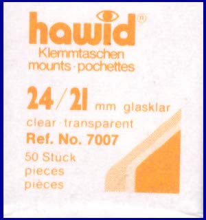 Hawid Letzte Original Zuschnitte, 50 Stück, glasklar oder schwarz, 58 Verschiedene Größen in den gebräuchlichen Briefmarkenformaten zur Auswahl (24 x 21 mm, glasklar) von Hawid