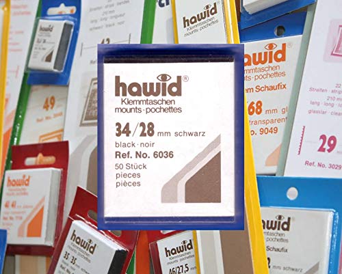 Hawid Letzte Original Zuschnitte, 50 Stück, glasklar oder schwarz, 58 Verschiedene Größen in den gebräuchlichen Briefmarkenformaten zur Auswahl (34 x 28 mm, schwarz) von Hawid