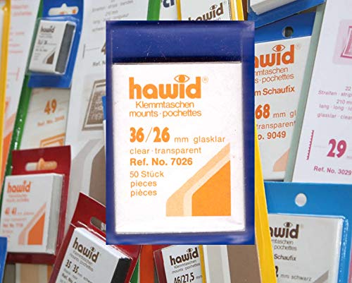 Hawid Letzte Original Zuschnitte, 50 Stück, glasklar oder schwarz, 58 Verschiedene Größen in den gebräuchlichen Briefmarkenformaten zur Auswahl (36 x 26 mm, glasklar. HA7026 ) von Hawid