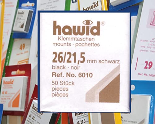 hawid Letzte Original Zuschnitte, 50 Stück, glasklar oder schwarz, 58 Verschiedene Größen in den gebräuchlichen Briefmarkenformaten zur Auswahl (26 x 21,5 mm*, schwarz) von hawid