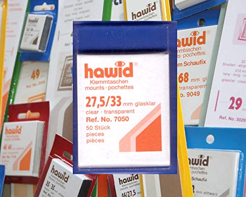 hawid Letzte Original Zuschnitte, 50 Stück, glasklar oder schwarz, 58 Verschiedene Größen in den gebräuchlichen Briefmarkenformaten zur Auswahl (27,5 x 33 mm*, glasklar. HA7050) von hawid