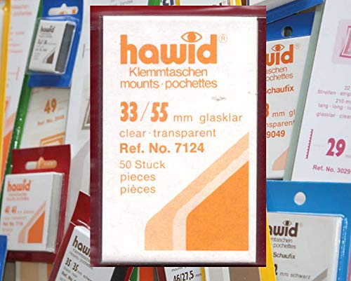 Hawid Letzte Original Zuschnitte, 50 Stück, glasklar oder schwarz, 58 Verschiedene Größen in den gebräuchlichen Briefmarkenformaten zur Auswahl (33 x 55 mm*, glasklar - HA7124) von Hawid
