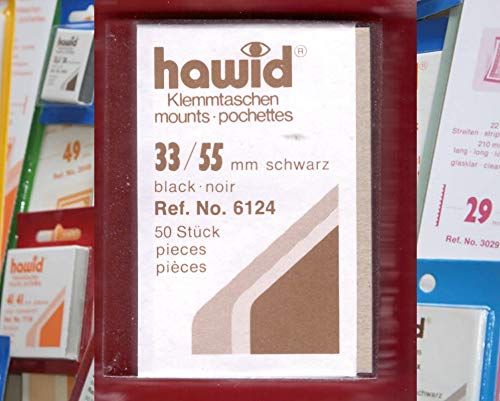 Hawid Letzte Original Zuschnitte, 50 Stück, glasklar oder schwarz, 58 Verschiedene Größen in den gebräuchlichen Briefmarkenformaten zur Auswahl (33 x 55 mm*, schwarz - HA6124) von Hawid