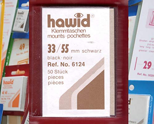 hawid Letzte Original Zuschnitte, 50 Stück, glasklar oder schwarz, 58 Verschiedene Größen in den gebräuchlichen Briefmarkenformaten zur Auswahl (33 x 55 mm*, schwarz - HA6124) von hawid