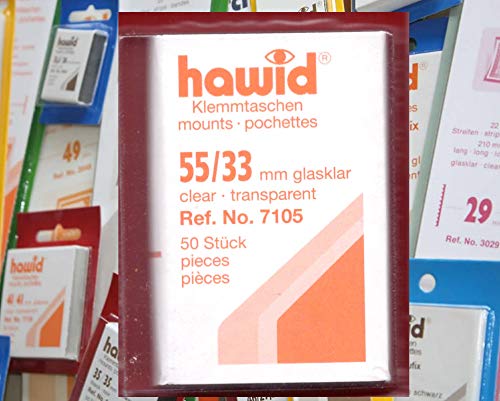 hawid Letzte Original Zuschnitte, 50 Stück, glasklar oder schwarz, 58 Verschiedene Größen in den gebräuchlichen Briefmarkenformaten zur Auswahl (55 x 33 mm*, glasklar - HA7105) von hawid
