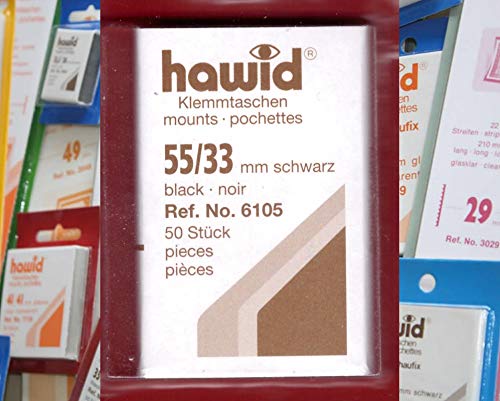 Hawid Letzte Original Zuschnitte, 50 Stück, glasklar oder schwarz, 58 Verschiedene Größen in den gebräuchlichen Briefmarkenformaten zur Auswahl (55 x 33 mm*, schwarz - HA6105) von Hawid