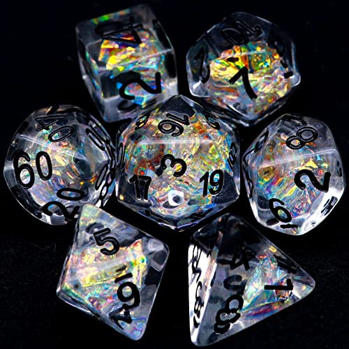 Haxtec Clear DND Dice Set 7PCS Filled Resin Polyhedral D&D Dice W/Iridescent Rainbow Mylar Inclusion for Roleplaying Games Dungeons and Dragons Gift von Haxtec