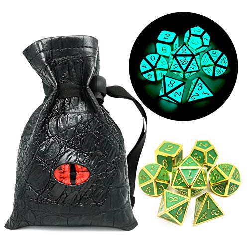 Haxtec Glow in The Dark Glowing Blue Metal Dice Set D&D W/Dragon Dice Bag 7PCS DND Dice Set for Dungeons and Dragons RPG Games-Gold Glowing Blue-V2 von Haxtec