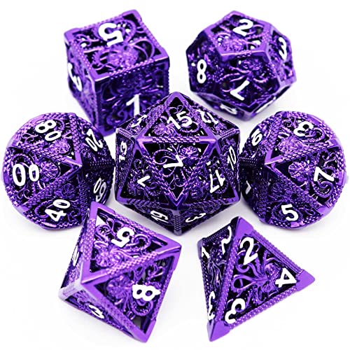 Haxtec Lila Hohl Metall Würfel Set Dungeons and Dragons Difts D&D Octupus Polyeder DND Würfel W/Leder Würfel Tasche für Dungeons und Dragons Pathfinder RPG Spiele von Haxtec