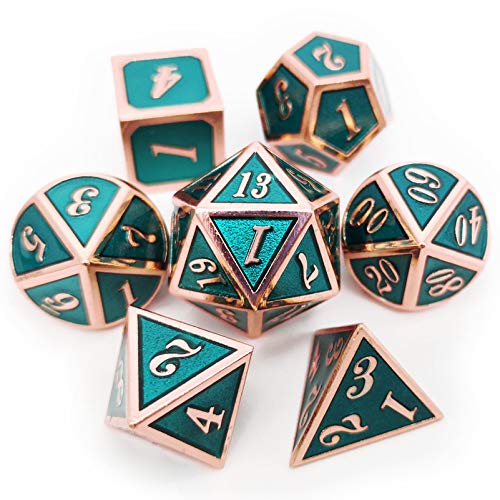 Haxtec Metal DND Dice Set Copper Teal Polyheral Metall Würfel for RPG D&D Dungeons and Dragons Gifts W/PU Leather Polyeder Dice Bag von Haxtec