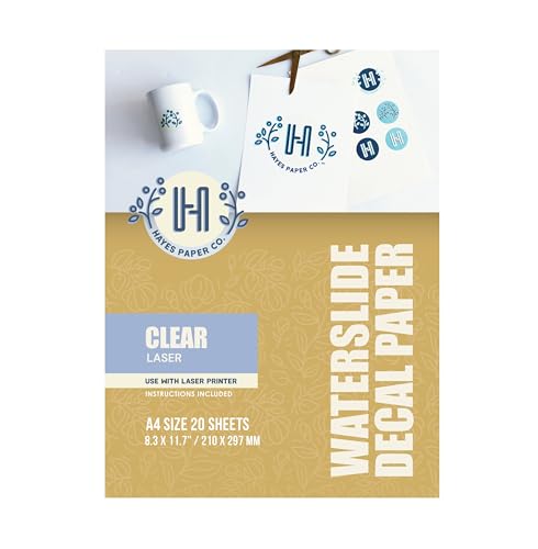 Hayes Paper, Wasserschiebefolie, Aufkleberpapier, LASERDRUCKER TRANSPARENT, 20 Seiten Erstklassiges Waterslide Wassertransferpapier, Durchsichtig, Bedruckbare Decalfolie, Klebefolie, A4-Größe von Hayes Paper Co.