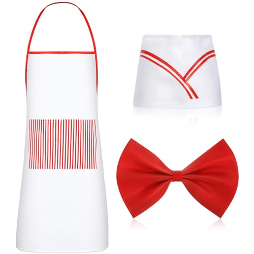 Haysandy 3-teiliges 1950er-Jahre-Kellner-Kostüm-Set für Erwachsene, rot und weiß gestreifte Schürze für Karneval (heller Stil) von Haysandy