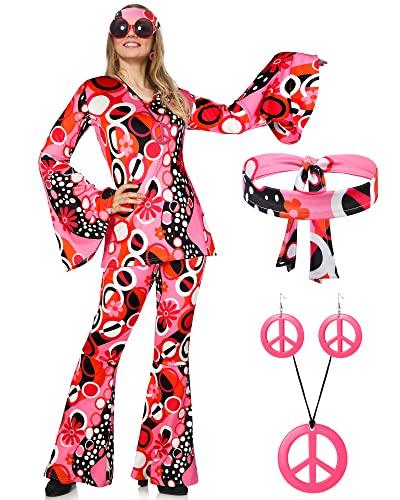 Haysandy 70er Jahre Frauen Hippie Kostüm Zubehör Rosa Hippie Disco Outfit für Verfügbar, Boho Ausgestellte Hose Hippie Shirt (L) von Haysandy