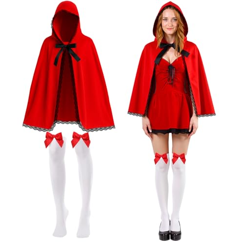 Haysandy Damen-Kostüm mit Kapuze, Samt-Umhang, Satin-Schleife, Oberschenkelhöhe, Halloween, Weihnachten, Cosplay, Party, 2 Stück (schwarze Spitze) von Haysandy