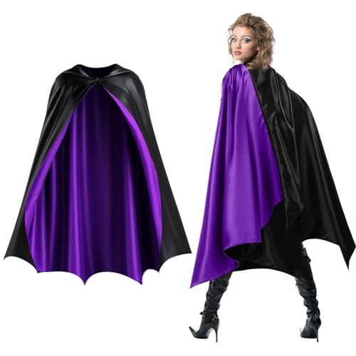 Haysandy Fledermausumhang Kostüm Schwarz Lila Unisex Reversible Satin Capes für Frauen für Halloween Held Party Vampire Cosplay Kostüm von Haysandy