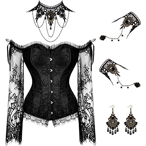 Haysandy Halloween Damen Gothic Punk Vampir Accessoires Korsett mit Ärmeln, Choker, Halskette, Armband, Ohrring (XXL, Schwarz) von Haysandy