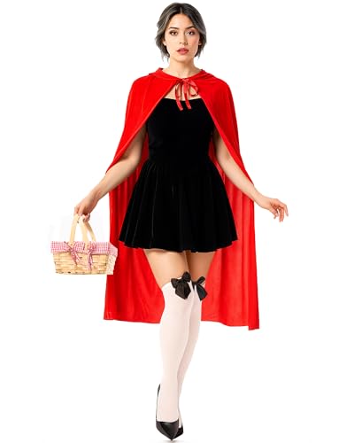 Haysandy Rotkäppchen-Kostüm für Damen und Erwachsene, Rot, Halloween-Partykleid, Umhang, Strümpfe, Korb für Cosplay, Größe M, 4 Stück von Haysandy