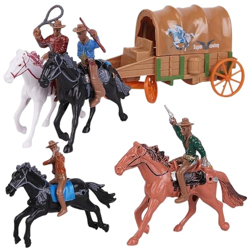 1 Set Horse Riding Cowboy Actionfigur Spielset mit Wagen, Western Toy Set für Kinder, Plastik Cowboys und Figuren für Sandplay, Brettspiel -Requisiten und Desert Dioramen von Hbbgdiy