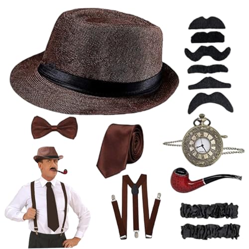 Hbbgdiy 1920 Herren-Accessoires, 8-teilig/Set, Retro 1920 Herren-Outfit-Set, inklusive Kaffee-Fliege, Hosenträger, Hut, Uhr, falscher Bart und mehr für Party-Accessoires von Hbbgdiy