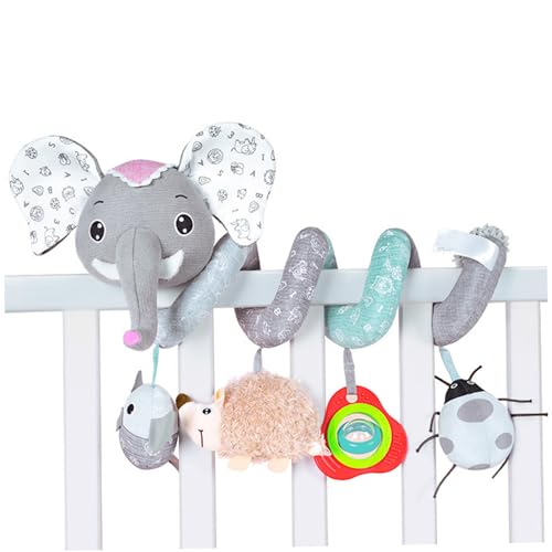 Hbbgdiy Autositzspielzeug, Spiral -Cartoon -Elefant -Krippenspielzeug mit Musikbox und BB Squeaker Rasseln, dehnbar und weich für Jungen, Mädchen Geschenk von Hbbgdiy