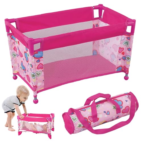 Hbbgdiy Babypuppenkrippe für 18 '' Puppen, faltbares Babypuppenbett, herzgestütztes Spielstall, Pack und Spiel mit Carry Bag für Kinder 3+ Geschenke von Hbbgdiy