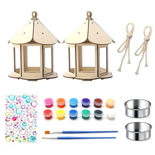 Hbbgdiy Bird Feeder Kits für Kinder, 1 Set Pavilion Form Holz Vogelfutterleiter Kit, hängende DIY -Lack -Kit mit 12 Farben Farben und Pinsel für Kinder Jungen Mädchen von Hbbgdiy