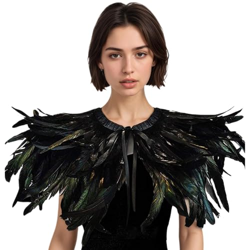 Hbbgdiy Federn Schal, Halloween Black Green Federn Cape mit Krawattengurt realistische gotische Cape - -Schals für Party, Kostüm, Cosplay Hbbgdiy Federn Schal, Halloween Black Green Federn Cape mit Krawattengurt realistische gotische Cape - -Schals für Party, Kostüm, Cosplay von Hbbgdiy