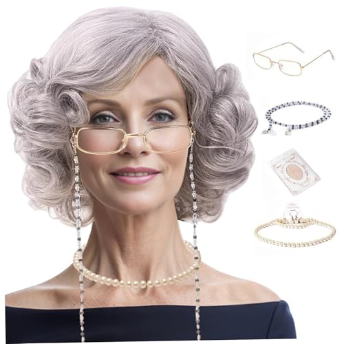 Hbbgdiy Grandma Kostümset, 4PCS Old Lady Perücken -Set umfasst eine lockige Oma Grey -Perücke, Perlenkette, Brille mit Kette und Kappe für 100. Schuldauer. Hbbgdiy Grandma Kostümset, 4PCS Old Lady Perücken -Set umfasst eine lockige Oma Grey -Perücke, Perlenkette, Brille mit Kette und Kappe für 100. Schuldauer. von Hbbgdiy