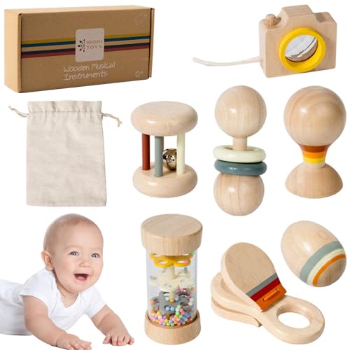 Hbbgdiy Holzbaby Rassle 7pcs/Set Bio natürliches Baby Rassel mit Regenstift, Handglocke, Sandball und mehr, Montessori Holz für Jungen und Mädchen Geburtstagsgeschenk Hbbgdiy Holzbaby Rassle 7pcs/Set Bio natürliches Baby Rassel mit Regenstift, Handglocke, Sandball und mehr, Montessori Holz für Jungen und Mädchen Geburtstagsgeschenk von Hbbgdiy
