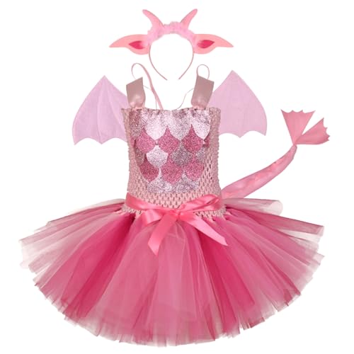 Hbbgdiy Kleinkind Dinosaurierkostüm, niedlicher weicher Bogenknoten Tulle Kleinkind Halloween Kostüm Girl mit Ohrstirnband & Schwanz & Flügel für Cosplay -Fotoshootte Party Performance, groß von Hbbgdiy