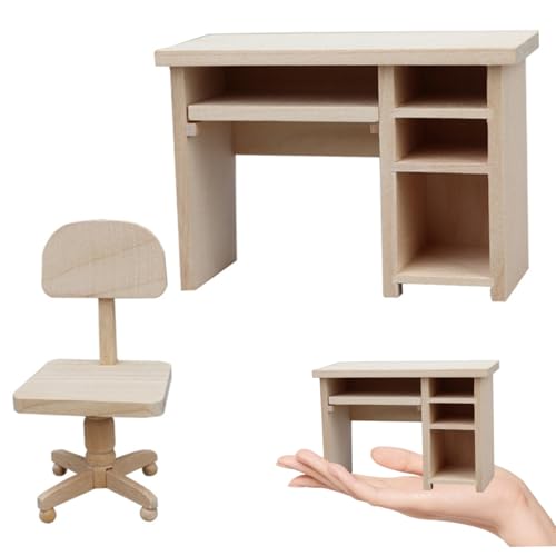 Hbbgdiy Miniaturmöbel, 1: 12 Holzpuppenhaustisch und Mini -Stuhl 2pcs/Set Mini Tischstühle Modell Dollhouse Bürozubehör Holzmöbel Set von Hbbgdiy