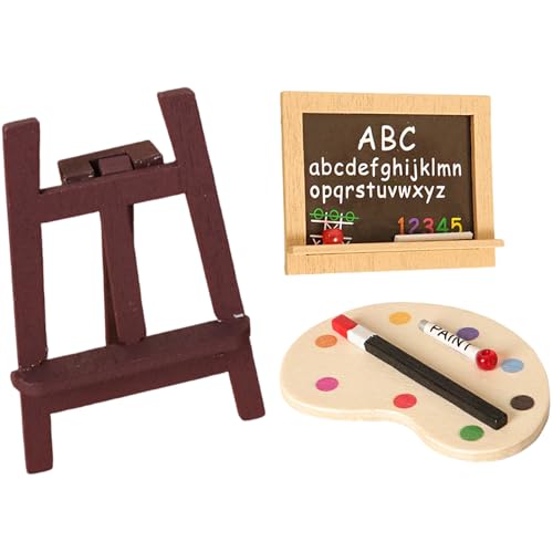 Hbbgdiy Miniaturpuppenhauszubehör 3PCS Natrual Holzpuppenhaus Miniaturen Malwerkzeug Set DIY Miniature Elektro -Staffelei Ölmalerei Set für Puppenhausdekoration von Hbbgdiy