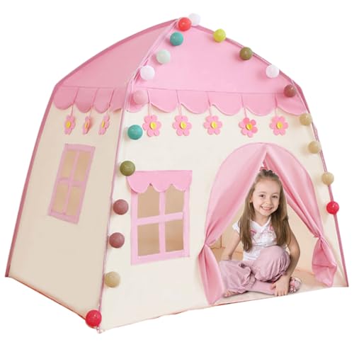 Hbbgdiy Prinzessin-Zelt für 3-4 Kinder, 51 x 39 x 51 Zoll Oxford-Stoffspielzelt mit Türvorhang & Fensterlüftung hautfreundlicher Spielhaus mit Balllicht von Hbbgdiy