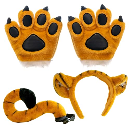 Hbbgdiy Tiger Kostüm für Kinder umfasst weiche flauschige Tiger Schwanzohren Stirnband und Pfotenhandschuhe, Tierkostüme für Kinder Halloween Cosplay -Geburtstagsthemenparty Party von Hbbgdiy