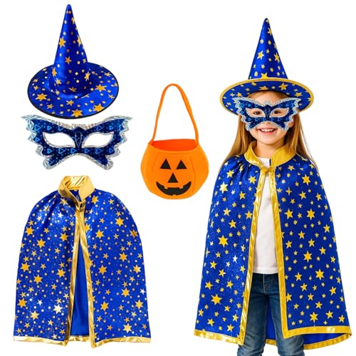 HcvGcm Zauberer Kostüm Kinder, Halloween Kostüm Kinder 3-12 Jahre, 1-Set Verkleidung Mit Zauberer Umhang, Hexenhut, Kürbis Tasche Und Augenmaske, Ideal Für Fasching Und Rollenspiel HcvGcm Zauberer Kostüm Kinder, Halloween Kostüm Kinder 3-12 Jahre, 1-Set Verkleidung Mit Zauberer Umhang, Hexenhut, Kürbis Tasche Und Augenmaske, Ideal Für Fasching Und Rollenspiel von HcvGcm