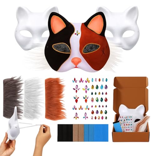 HcvGcm Katzenmaske, 15 Stück DIY Set mit Therian Masken, Furry Mask und Katzenmasken zum Bemalen, Ideal für Cosplay, Halloween und Partys, Inklusive Netz und Deko von HcvGcm