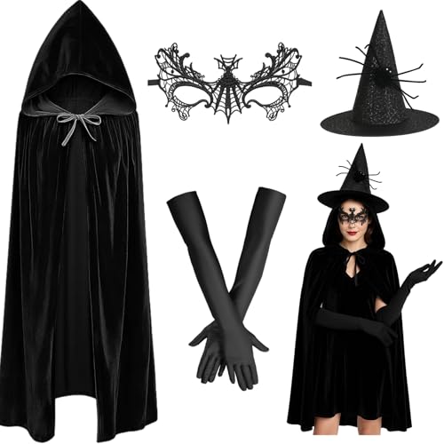 Hexenkostüm Damen, Halloween Kostüm Damen Hexe, 4-teiliges Set Kostüm Halloween mit Hexenhut, Umhang, Handschuhen und Maske, für Halloween Party, Karneval, Cosplay und Mottoparty Hexenkostüm Damen, Halloween Kostüm Damen Hexe, 4-teiliges Set Kostüm Halloween mit Hexenhut, Umhang, Handschuhen und Maske, für Halloween Party, Karneval, Cosplay und Mottoparty von HcvGcm
