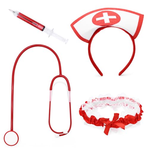 Krankenschwester Kostüm Halloween, 4-teiliges Set für Halloween und Karneval, mit Haarreif, Stethoskop, Strumpfband und SpritZenstift, perfekt für Kostümpartys und Bühnenauftritte von HcvGcm