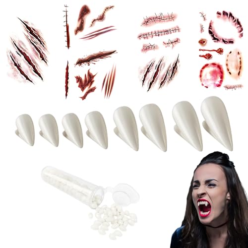 Vampir Zähne 9-teiliges Set, 4 Paar Vampirzähne mit 4 Tattoos und 10g Zahnkleber, für Halloween-Partys, Cosplay und Grusel-Events Vampir Zähne 9-teiliges Set, 4 Paar Vampirzähne mit 4 Tattoos und 10g Zahnkleber, für Halloween-Partys, Cosplay und Grusel-Events von HcvGcm