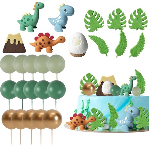 Dino Kuchen Deko, Dinosaurier Tortendeko Set Mit 15 Kugeln Und 6 Weicher Plugin, Perfekt Für Kindergeburtstag Und Dino-Themen-Party, Bunte Deko Für Kuchen Und Cupcakes von HcvGcm