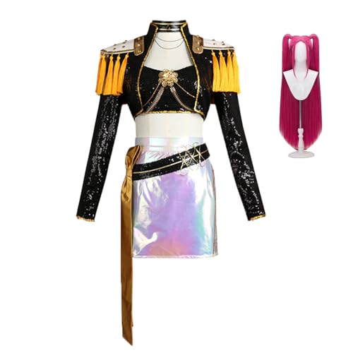 Hczetsac Demon Hunter Kostüm Damen Mira Cosplay Mira Bühne Performance Uniform Deluxe Halloween Outfits für Frauen (Black+Wig, M) von Hczetsac